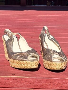 Stuart Weitzman Bronze Metallic Espadrille Wedge Sandals